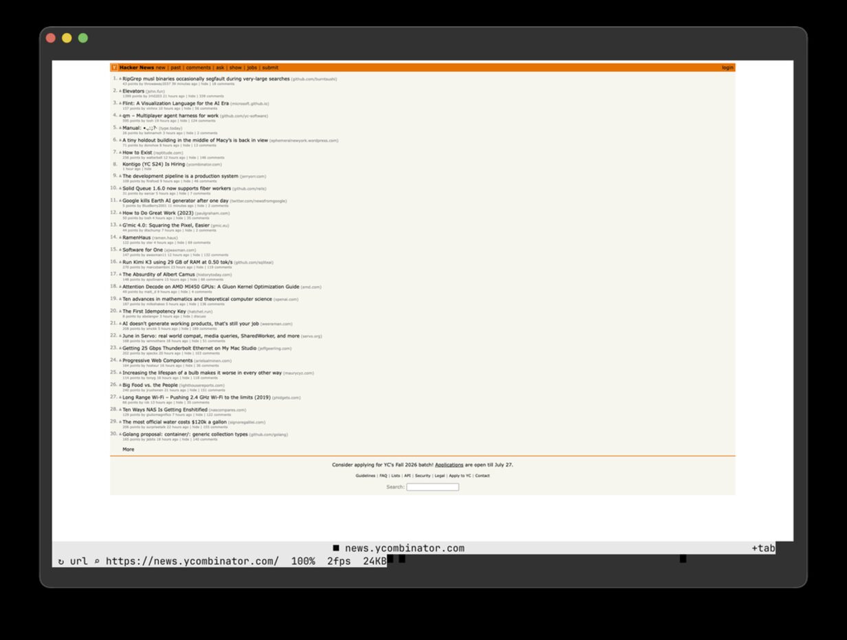 Ghostty showing a real web page painted as Chromium pixels through the Kitty graphics protocol, not a text-mode approximation.